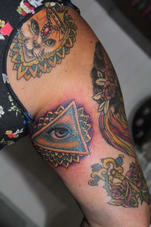 Awesome Colored Illuminati Eye Tattoo On Sleeve